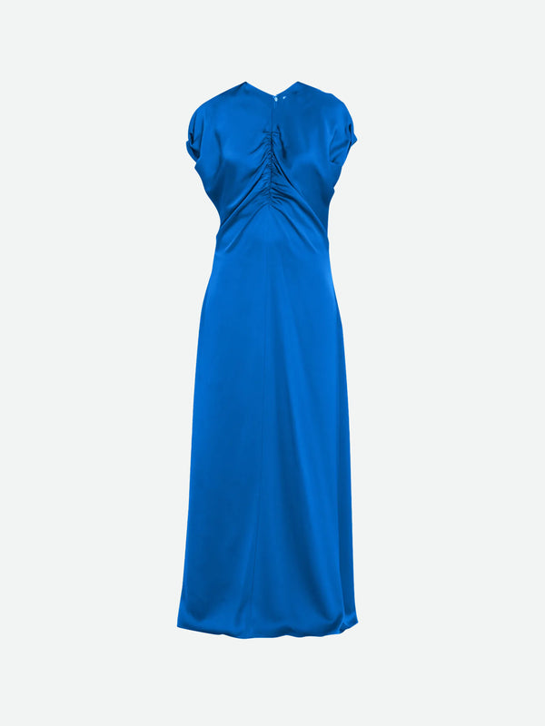 Gathered V-Neck Silk Dress