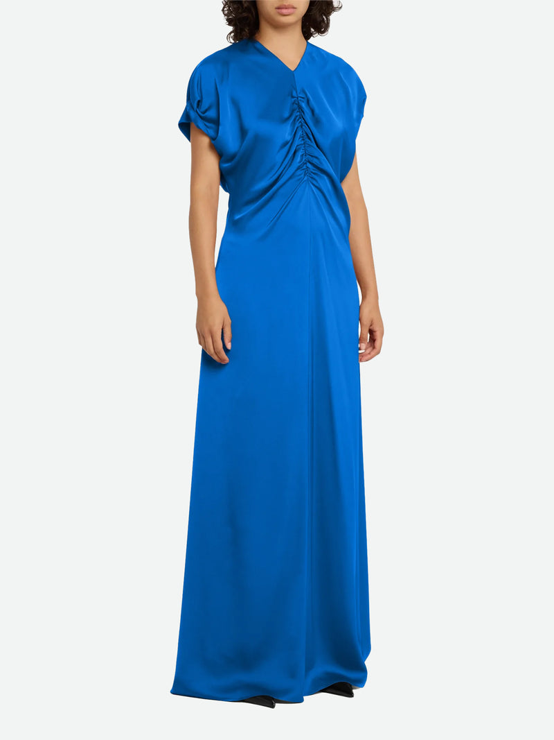 Gathered V-Neck Silk Dress